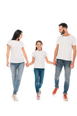 Fototapeta premium happy kid holding hands with parents isolated on white