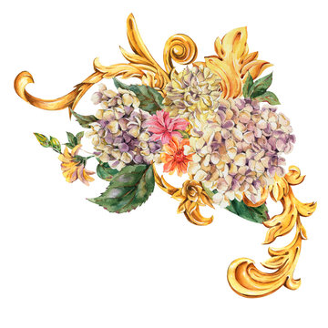 Watercolor golden baroque floral curl, hydrangea, wild flowers, rococo ornament element. Natural gold scroll