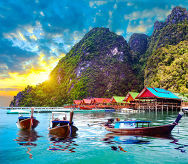 Scenic Phuket landscape.Seascape and paradisiacal  idyllic beach. Scenery Thailand sea and island .Adventures and exotic travel concept - obrazy, fototapety, plakaty