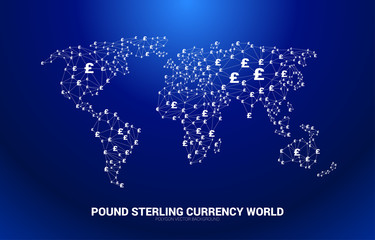 World Globe with money pound sterling currency icon polygon dot connected line. Concept for financial network connection in british.