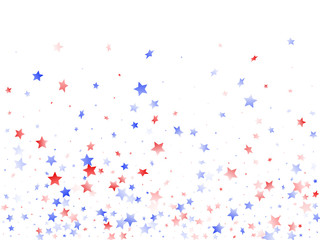 Flying red blue white star sparkles on white vector american patriotic background.