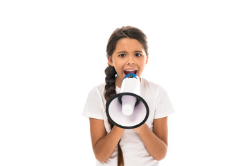 angry kid holding megaphone while screaming isolated on white
