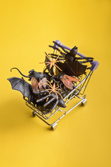 Halloween attributes spider, bat, mouse, fly in the supermarket trolley on the yellow background