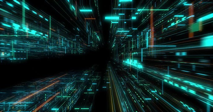 Quantum computer environment with digital technology, processing unit of an advanced Artificial intelligence. Flight through flow of digital information tunnel / cloud computing. loop / 3D render