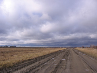 muddy earthen autumn road on a dirt road in a dried up field under overcast clouds