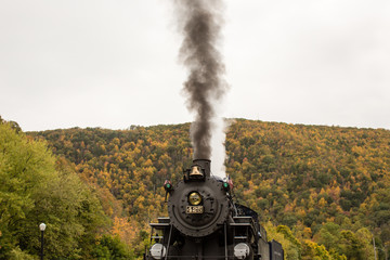 Fototapeta na wymiar vintage steam engine train fall foliage background