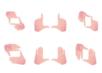 Hands making frame for video or photo. Various combinations of border made from fingers. Photoframe Gestures set. Photo camera icon. Flat Vector isolated white background.