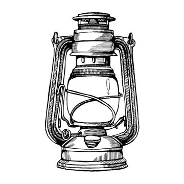 Black and white hand-drawn illustration of an old antique kerosene lamp isolated on a white background