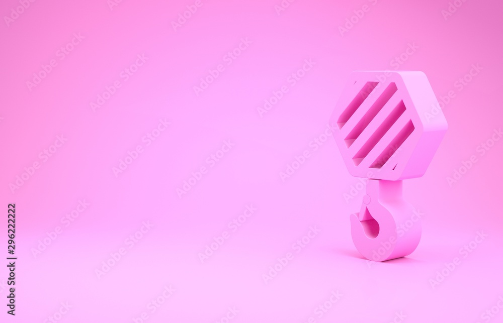 Poster Pink Industrial hook icon isolated on pink background. Crane hook icon. Minimalism concept. 3d illustration 3D render