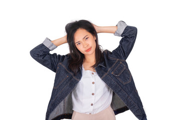 A thinking woman in jeans jacket