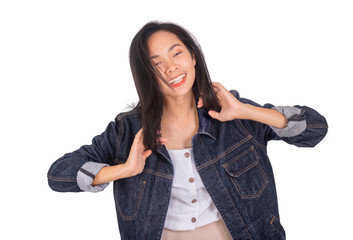 A thinking woman in jeans jacket