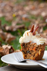 Carrot Cake Cupcake with Cream Cheese Icing with an Autumn Background