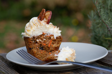 Carrot Cake Cupcake with Cream Cheese Icing with an Autumn Background