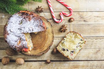 Traditional Christmas panettone with raisins and dried fruits