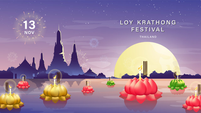 Loy Krathong Festival Vector. Thailand tradition on beautiful night background with temple reflection and full moon.