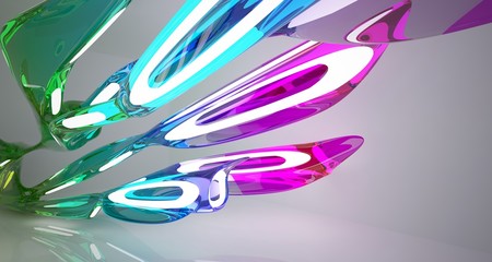 Abstract architectural white and glass gradient color smooth interior of a minimalist house with large windows. 3D illustration and rendering.