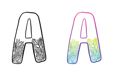 A alphabet letters. Hand drawing ornaments of Nature and florals theme. Best for cosmetic and organic products. Two styles with black and color gradients, separate layers vector illustration.