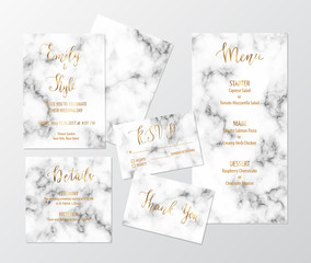 Wedding invite design set with marble texture and gold including invitation, menu, RSVP, thank you and details card. 