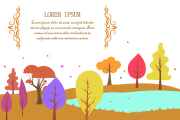Lake, leaves, autumn, tree vector color illustration