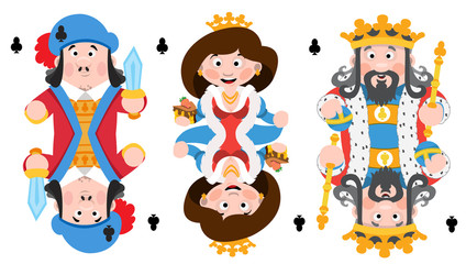 King, prince, queeen Clubs. Playing cards with cartoon cute characters.