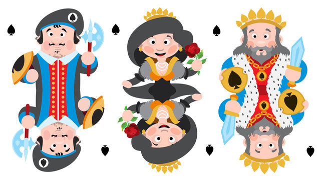 King, prince, queeen Spades. Playing cards with cartoon cute characters.