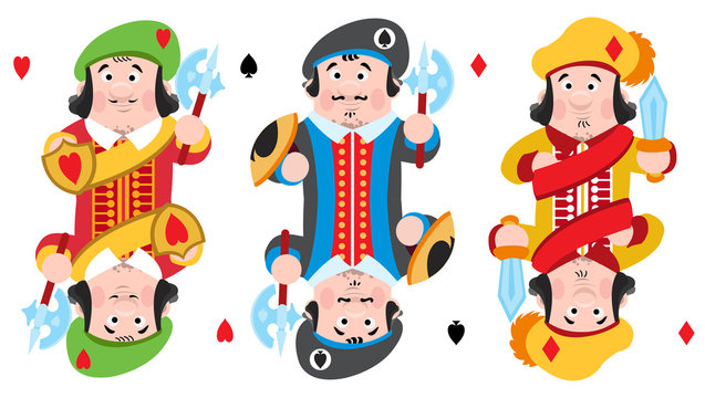 Jacks of three suits: hearts, spades and diamonds. Playing cards with cartoon cute characters.