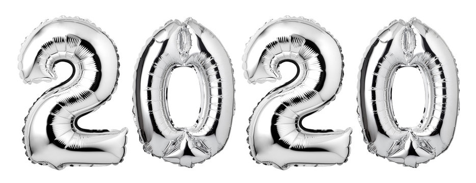 Numbers 2020 made of  silver balloons isolated on white background. New year concept.