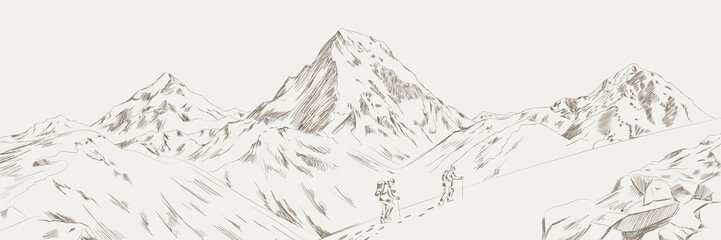 Mountain range climbers with backpacks walking through heavy snow in winter season, Climbing and mountaineering sport, hand drawn vector illustration. Mountain range vector illustration - 296228850