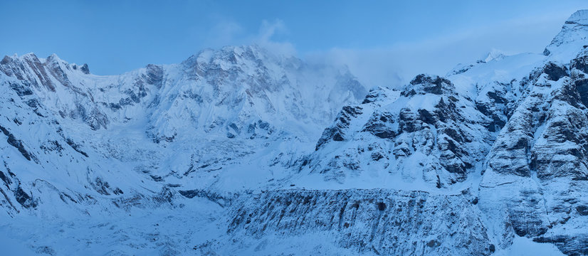 Morning panoramic view of Mount Annapurna 1 from Annapurna south base camp, Nepal Himalayas mountains, rouns Annapurna circuit trekking.