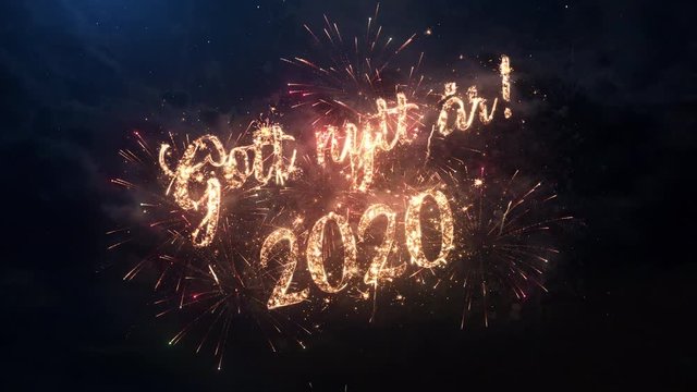 2020 Happy New Year greeting text in Swedish with particles and sparks on black night sky with colored slow motion fireworks on background, beautiful typography magic design.