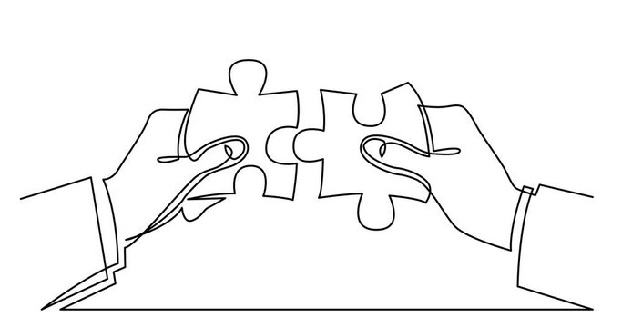 Self drawing line animation of businessman hands connecting puzzle pieces together