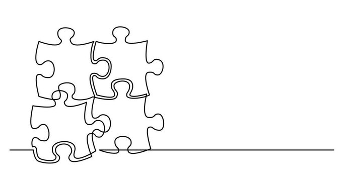 Self drawing line animation of four puzzle pieces connected together as solution metaphor