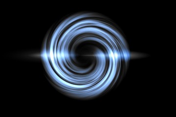 Glowing spiral tunnel with blue light circle on black backdrop, abstract background