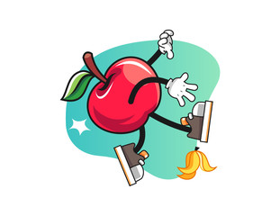 Apple slip on banana peel mascot design vector. Cartoon character illustration for business, t shirt, sticker.