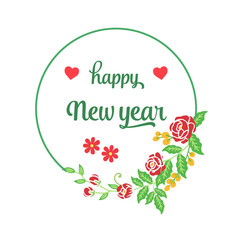 Various greeting card happy new year, with green leaves frame background and red flower. Vector