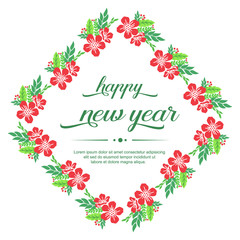 Fototapeta na wymiar Design red flower frame and green leaves, for handwritten text happy new year. Vector