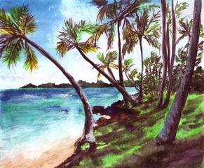 Watercolor hand drawn landscape of tropical beach. Sun, palm, wind, summer, nature, paradise.