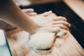 Obraz premium Woman prepare dumpling skin, Making dough on wooden table