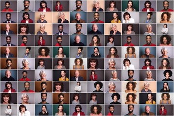 Group of 6 different people in front of a colored background - obrazy, fototapety, plakaty