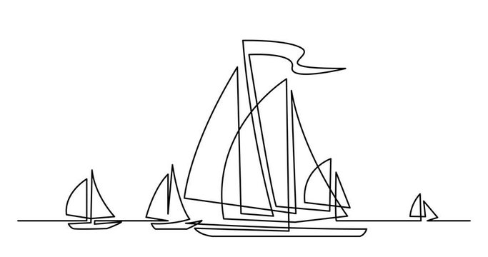 Self drawing line animation of regatta with beautiful yachts sailing on ocean