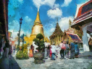 Tourist groups traveling at the Grand Palace, Bangkok Illustrations creates an impressionist style of painting.