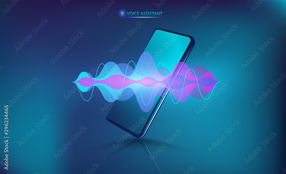 Poster Voice assistant on the Smartphone. Isometric cellphone with sound wave. Microphone voice control technology, voice and sound recognition. Hi-tech AI assistant voice with mobile phone mockup. Vector