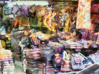 Fabric shops and cloth sellers in Asia Illustrations creates an impressionist style of painting.