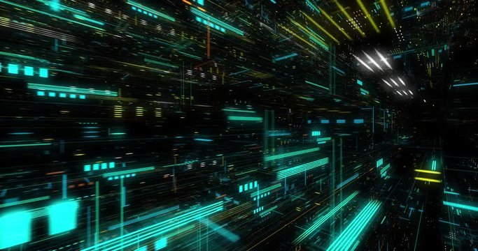 AI artificial intelligence and ML machine learning abstract concept, CPU GPU computing core with information streams. Data deep learning computer machine. Seamless loop, 3D render
