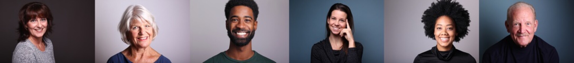 Group of 6 different people in front of a colored background