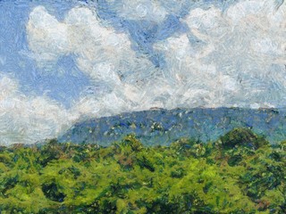 Sky, mountains and forests Illustrations creates an impressionist style of painting.