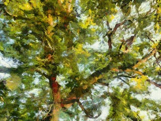 Perennial trees with large green shrubs Illustrations creates an impressionist style of painting.