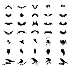  Set of silhouettes bats,birds and spider. Halloween concept.