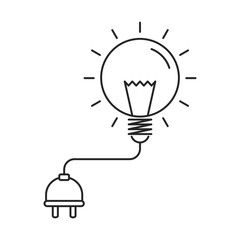 Electric bulb and plug attached via cable. Saving energy concept. Outline thin line illustration. Isolated on white background. 