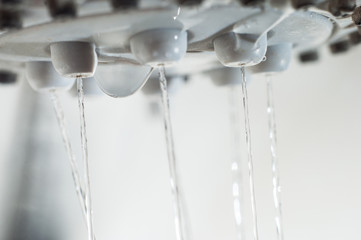Drops of water drip from the shower faucet.